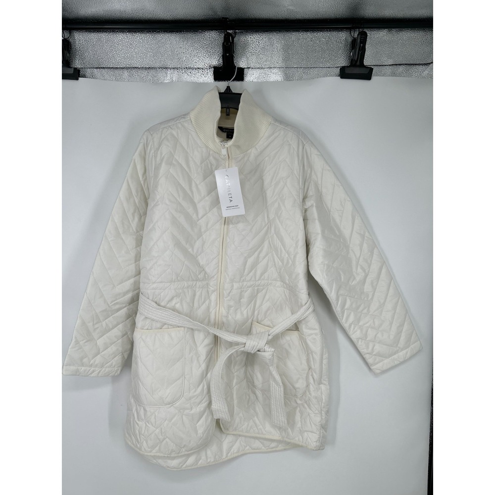 Athleta Mendocino Puffer Coat Women 1X White Belted Quilted Jacket Full Zip XL